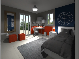 plan 3D chambre jeune couleurs gris orange et blanc