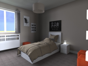 aménagement chambre privée couleurs gris noir et orange