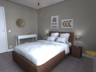 plan 3D chambre mobilier blanc gris et bois clair 
