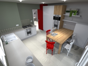 Plan 3D cuisine aménagée couleurs rouge et blanc