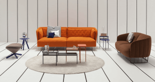 canapé orange et table design style contemporain